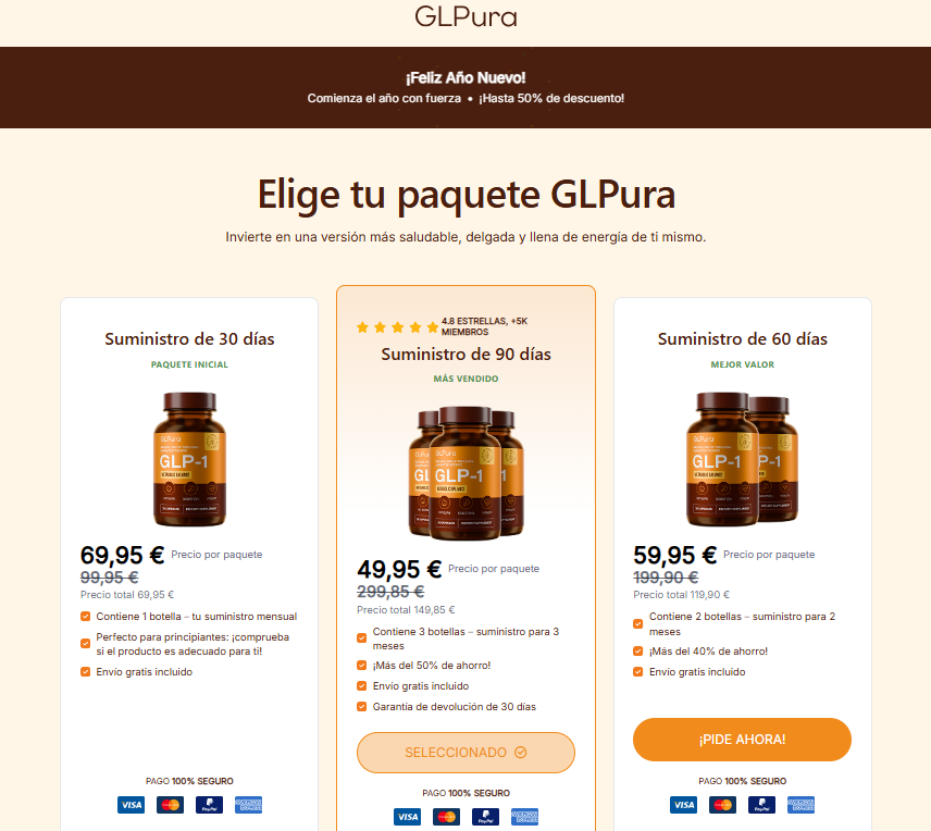 Página de checkout oficial de GLPura para confirmar precio, paquete y garantía