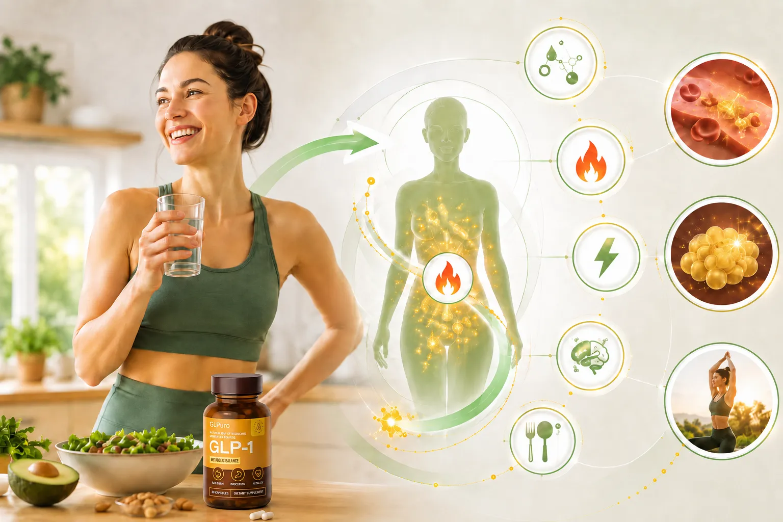 Infografía de GLPura con proceso de tres fases para apetito, metabolismo y energía